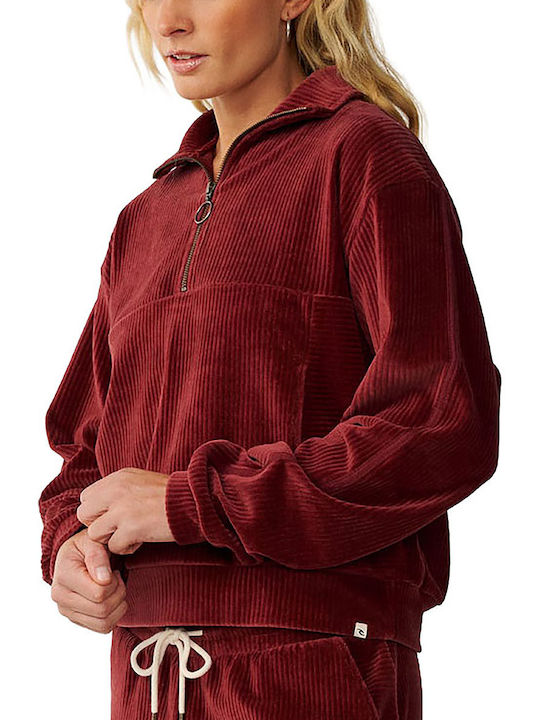 Χειμερινή Γυναικεία Fleece Μπλούζα Μανίκι 3/4 με Φερμουάρ Μπορντό