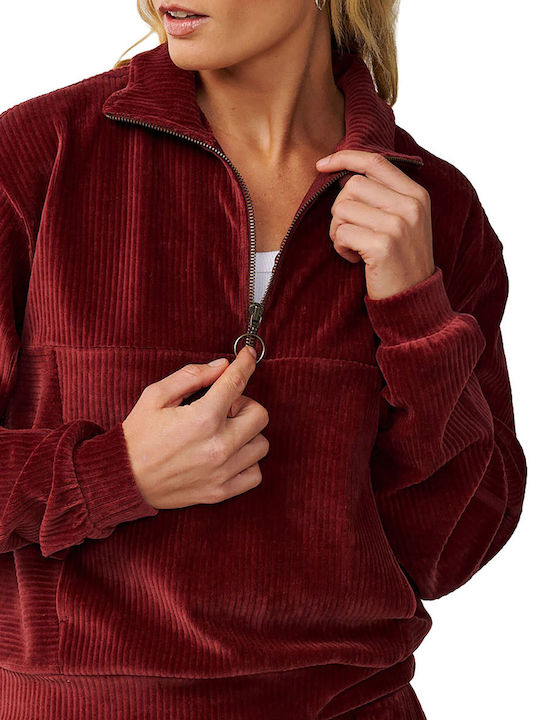 Χειμερινή Γυναικεία Fleece Μπλούζα Μανίκι 3/4 με Φερμουάρ Μπορντό
