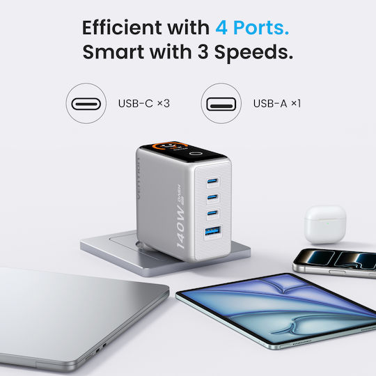 Vention GaN Зарядно Устройство с USB-A Порт и 3 USB-C Порта и USB-C - USB-C Кабел 140 W Power Delivery Сребристо (Dash Pro)