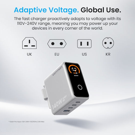 Vention GaN Зарядно Устройство с USB-A Порт и 3 USB-C Порта и USB-C - USB-C Кабел 140 W Power Delivery Сребристо (Dash Pro)
