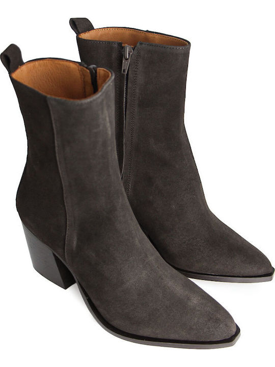 Leather Women's Ankle Boots with Medium Heel Brown
