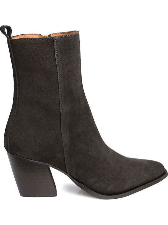 Leather Women's Ankle Boots with Medium Heel Brown