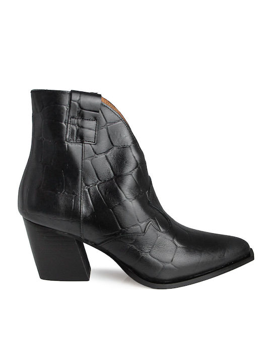 Leather Women's Cowboy Ankle Boots with Medium Heel Black