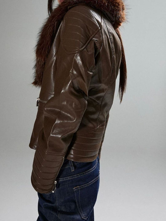 Brown Leather Women's Winter Jacket
