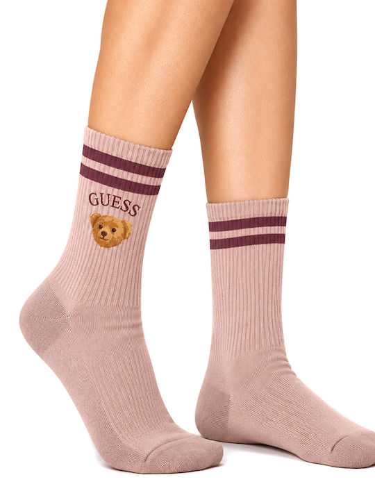 Guess Baer Γυναικείες Κάλτσες με Σχέδια Καφε- Μπορντω- Ροζ