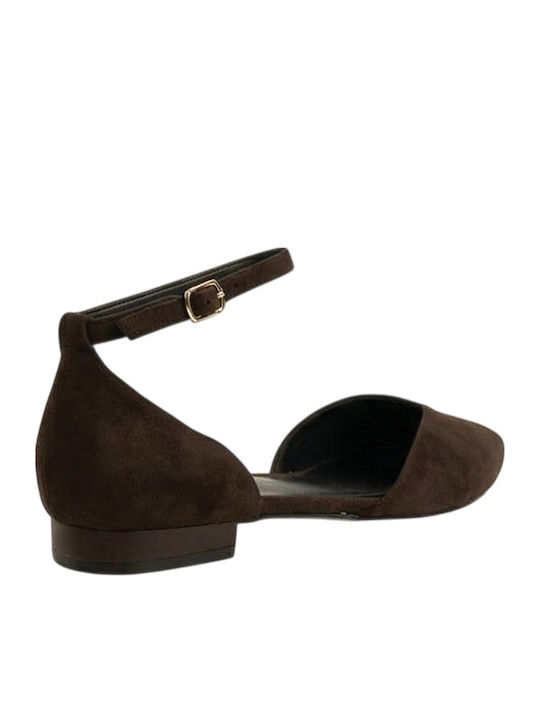 Women's Pointed-Toe Ballerina Shoes with Strap / Buckle Brown Suede
