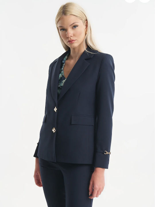 Fibes Langer Damenblazer aus Krepp Blau Fibes Langer Damenblazer aus Krepp Blau