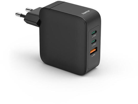 HAMA GaN Charger Without Cable with USB-A Port and 2 USB-C Ports 100W Power Delivery / Quick Charge 3.0 Black