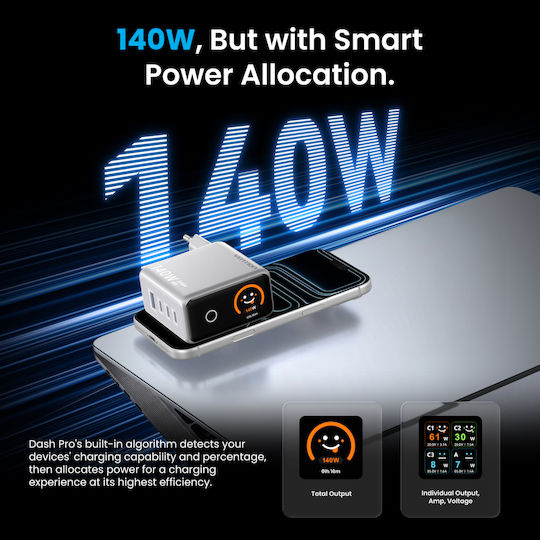 Vention Vention GaN Handyladegerät mit USB-A Ausgangsanschluss und 3 USB-C Ausgangsanschlüsse 140W Stromlieferung Schwarz