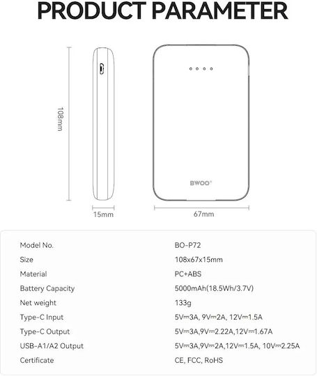 BWOO P72 Power Bank 5000 mAh 22,5 W mit 2 USB-A-Anschlüssen und USB-C-Anschluss Power Delivery / Quick Charge Schwarz