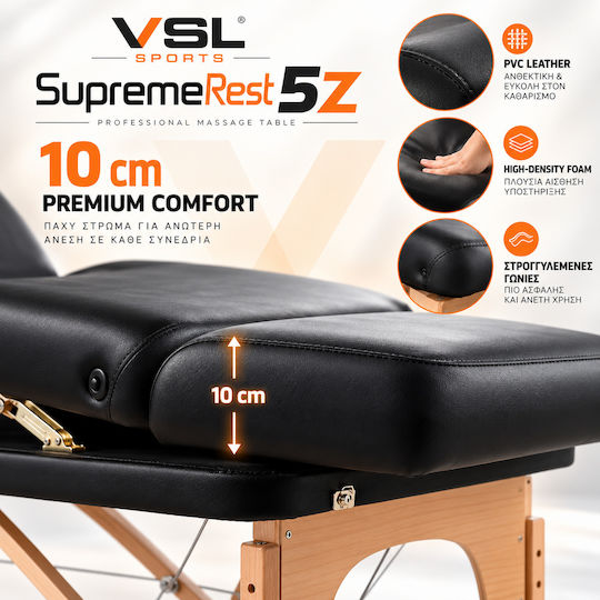 VSL Sports Supremerest 5Z Сгъваемо Дървено Легло за Физиотерапия, Черно, 185x70 см