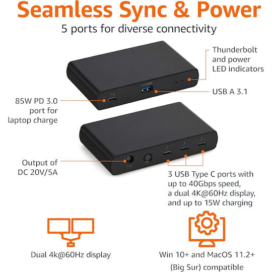 Amazon Basics Thunderbolt 4 / USB-C докинг станция с 4K, PD и свързване на 2 екрана, черна (B0CPT7WSSF)