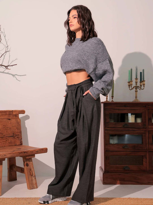 Pantaloni Dama din Țesătură cu Talie Înaltă, cu Croială Relaxed, Gri Melanj