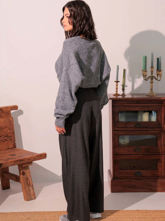 Pantaloni Dama din Țesătură cu Talie Înaltă, cu Croială Relaxed, Gri Melanj