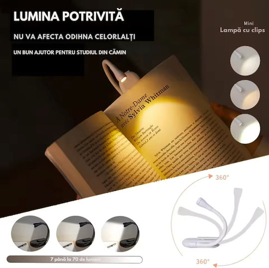 Lămpă de Citit LED cu Clește Alb