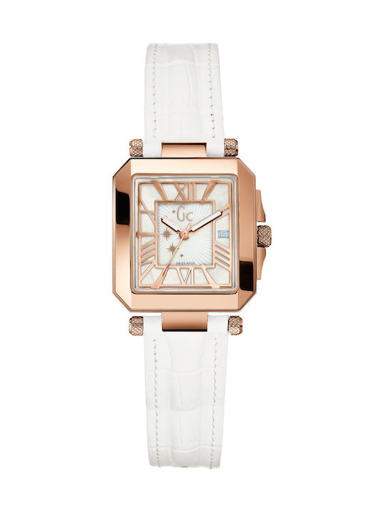 GC Watches Γυναικείο Ρολόι 30mm Μπαταρίας με Λευκό Δερμάτινο Λουράκι