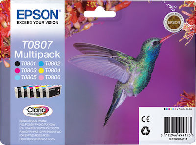 Epson T0807 Pachet de 6 cartușe de cerneală pentru imprimante InkJet Albastru deschis / Magenta deschis / Galben / Cyan / Magenta / Negru (C13T08074011 C13T08074020 C13T08074010)