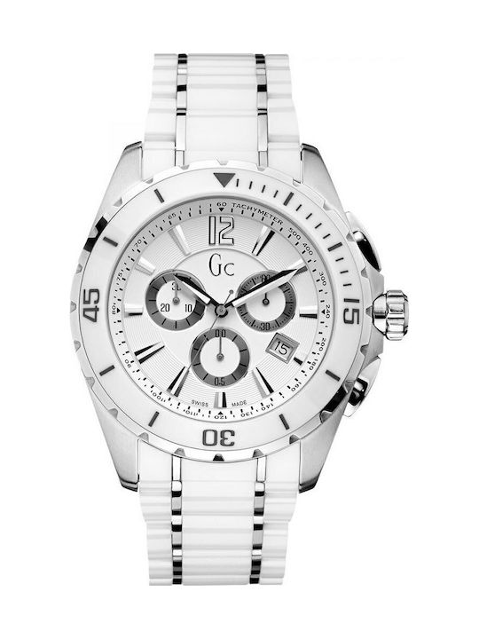 GC Watches Ανδρικό Ρολόι 45mm Χρονογράφος Μπαταρίας με Λευκό Κεραμικό Μπρασελέ