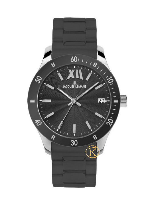 Jacques Lemans Ανδρικό Ρολόι 44mm Μπαταρίας με Μαύρο Καουτσούκ Λουράκι