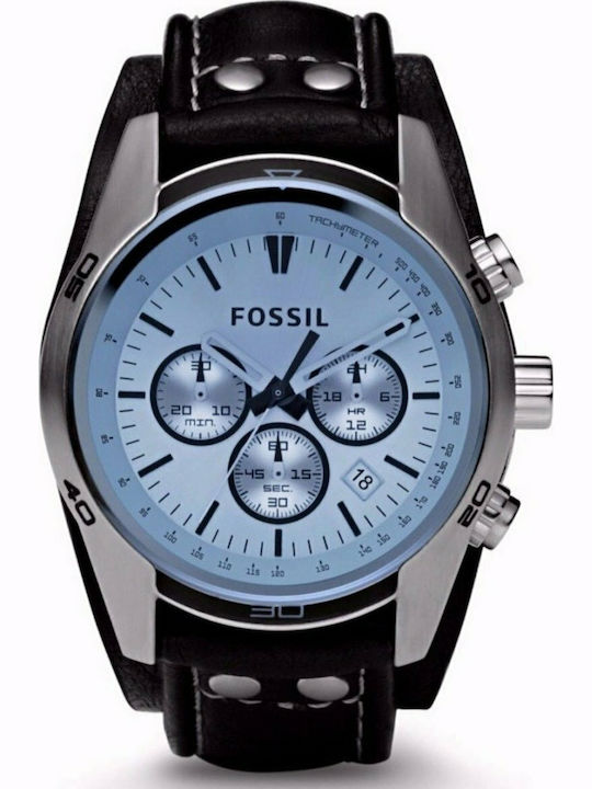 Fossil Ανδρικό Ρολόι 45mm Χρονογράφος Μπαταρίας με Μαύρο Δερμάτινο Λουράκι