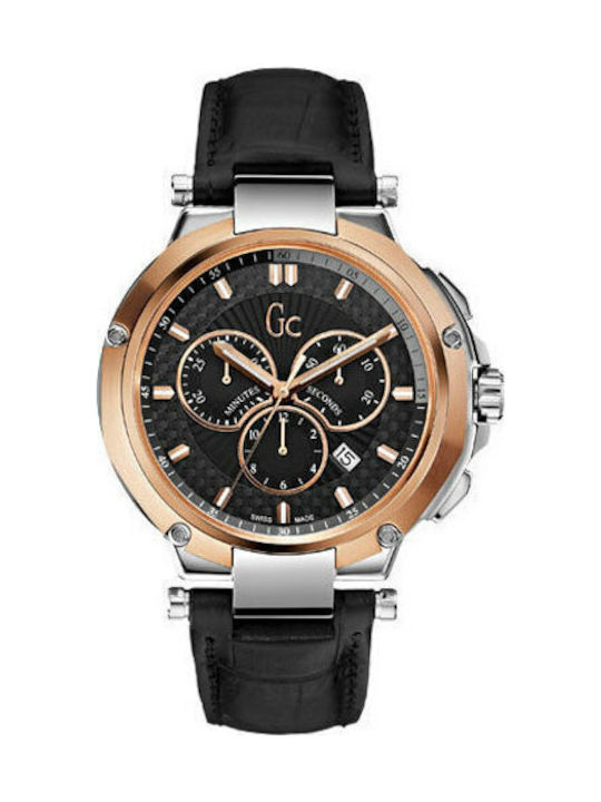 GC Watches Ανδρικό Ρολόι 44mm Χρονογράφος Μπαταρίας με Μαύρο Δερμάτινο Λουράκι
