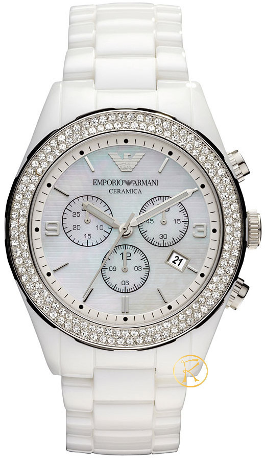 Ladies white crystal ceramic chronograph emporio armani watch ar1456 clearance