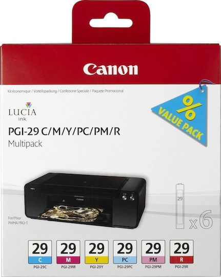 Canon PGI-29 Γνήσιο Πακέτο 6 Μελανιών Εκτυπωτή InkJet Photo Κυανό / Photo Ματζέντα / Κίτρινο / Κυανό / Κόκκινο / Ματζέντα (4873B005)