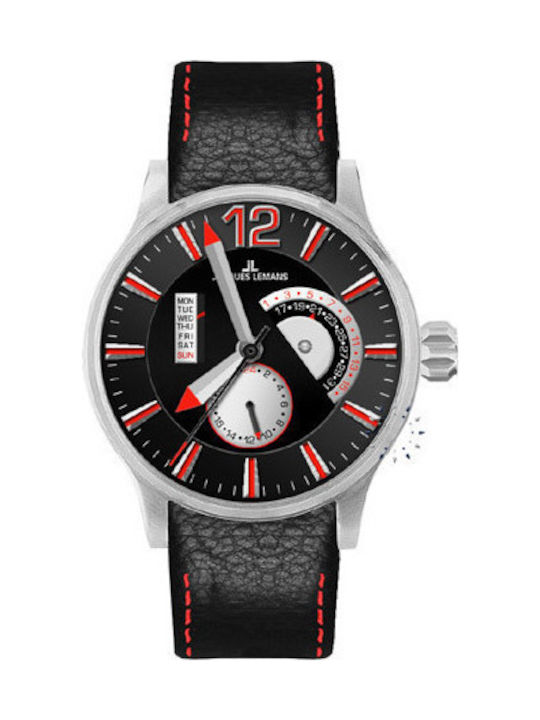 Jacques Lemans Ανδρικό Ρολόι 44mm Χρονογράφος Μπαταρίας με Μαύρο Δερμάτινο Λουράκι