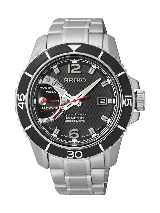 Seiko Sportura Ανδρικό Ρολόι 45mm Kinetic με Ασημί Μεταλλικό Μπρασελέ