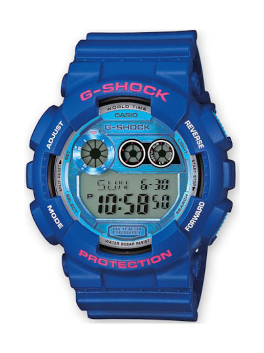 Casio G-Shock Digital Watch Chronograph Battery with Blue Rubber Strap