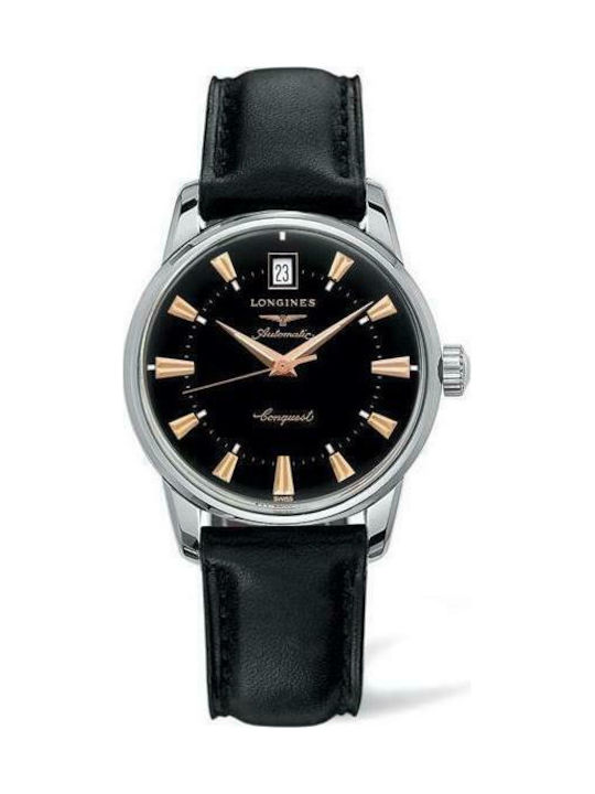 Longines Ανδρικό Ρολόι 35mm Αυτόματο με Μαύρο Δερμάτινο Λουράκι