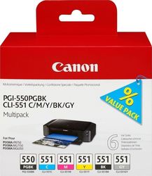 Canon PGI-550/CLI-551 Pack of 6 InkJet Printer Inks Gray / Yellow / Cyan / Magenta / Black (6496B005)