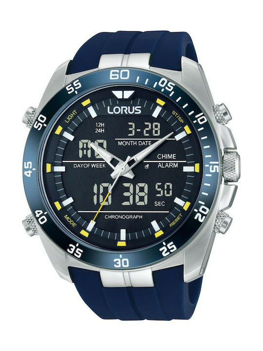 Lorus Analog/Digital Uhr Chronograph Batterie mit Blau Kautschukarmband