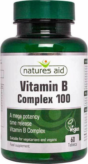 Natures Aid Vitamin B Complex Mega Βιταμίνη για Ενέργεια, Ενίσχυση του Ανοσοποιητικού & το Νευρικό Σύστημα 100mg 60 ταμπλέτες