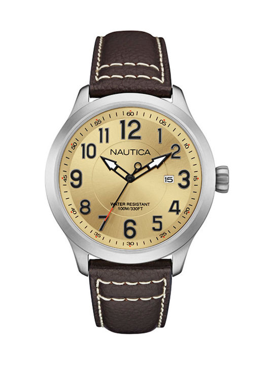 Nautica Watch Battery with Brown Leather Strap NAI10006G