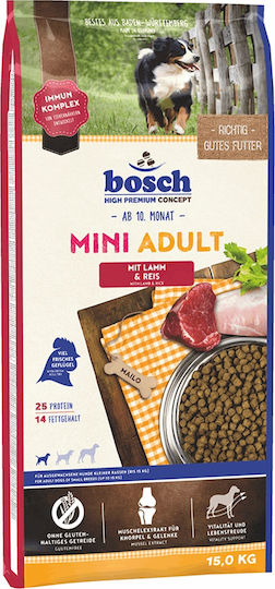 Bosch Petfood Concepts Mini Adult 15kg Dry Food Gluten-Free for Adult Small Breed Dogs with Lamb and Rice
