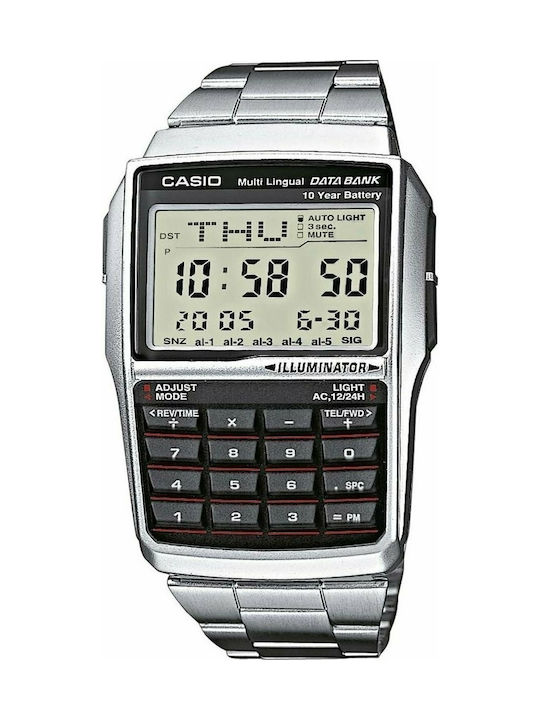 Casio Data Bank Ψηφιακό Ρολόι Μπαταρίας με Μεταλλικό Μπρασελέ σε Ασημί χρώμα
