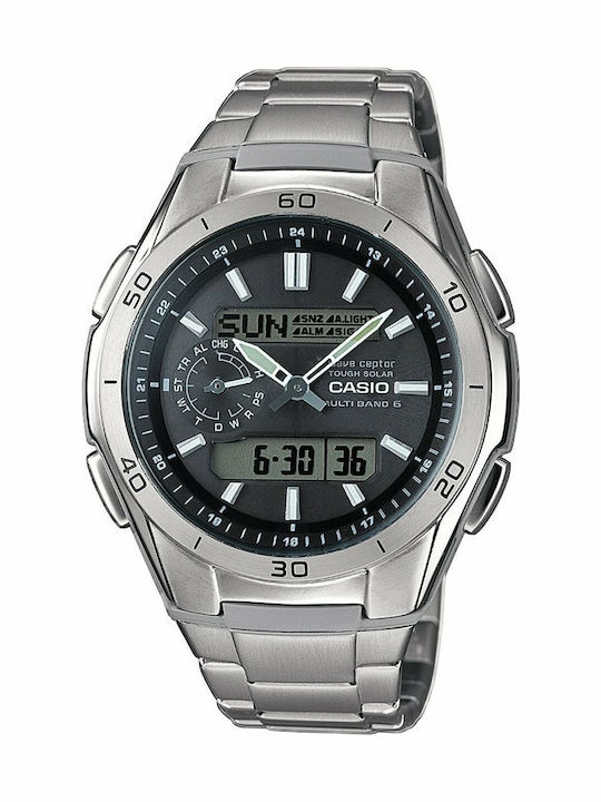 Casio Αναλογικό/Ψηφιακό Ανδρικό Ρολόι 43.5mm Solar με Ασημί Μεταλλικό Μπρασελέ