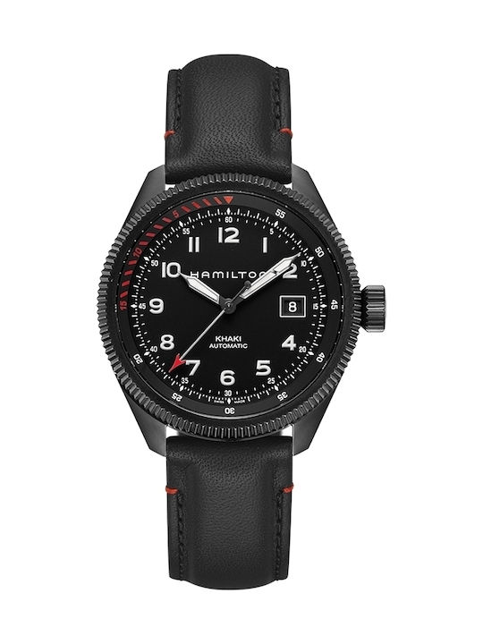 Hamilton Khaki Takeoff Auto Air Zermatt Часовник Батерия с Черно Кожено Каишка