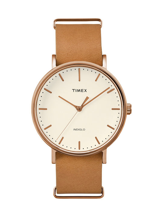 Timex Weekender Fairfield Watch Battery with Beige Leather Strap