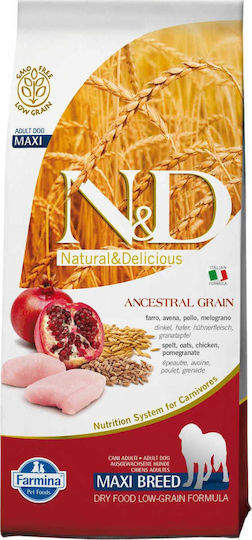 Farmina N&D Ancestral Grain Adult Maxi 12kg Dry Food with Few Grains for Adult Medium & Large Breed Dogs with Chicken and Pomegranate
