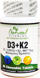 Natural Vitamins D3 + K2 Βιταμίνη για Ανοσοποιητικό 50 μασώμενες ταμπλέτες