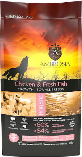Ambrosia Chicken & Fresh Fish Growth All Breeds 2кг Суха Храна без Зърнени храни за Кученца с Пилешко и Риба