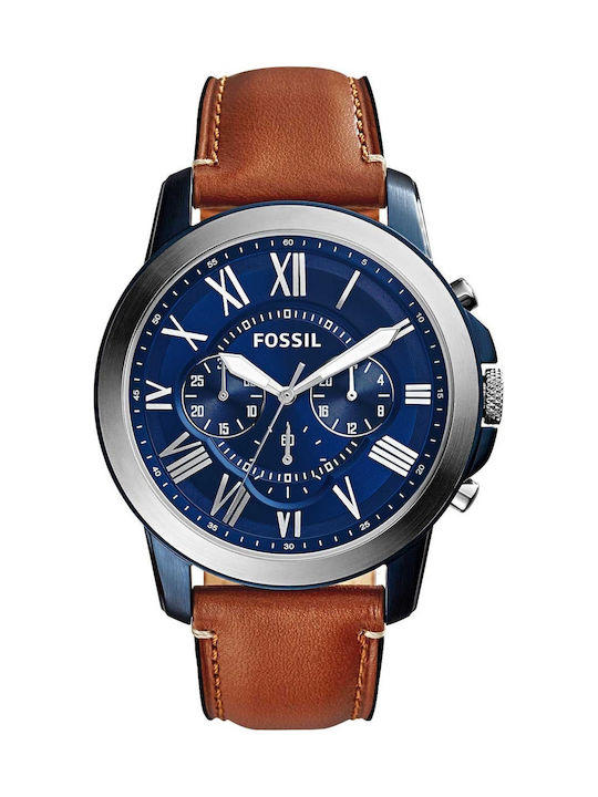 Fossil Ανδρικό Ρολόι 44mm Χρονογράφος Μπαταρίας με Καφέ Δερμάτινο Λουράκι