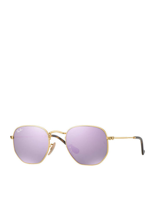 Ray Ban Hexagonal Unisex Sunglasses with Gold Metal Frame and Purple Mirror  Lens RB3548N 001/8O