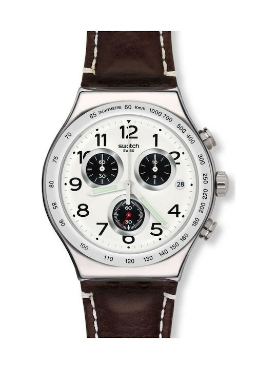 Swatch Destination Hamburg Battery Chronograph Watch with Leather Strap Brown