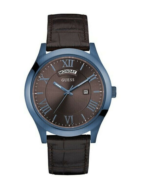 Guess Ανδρικό Ρολόι 44mm Μπαταρίας με Καφέ Δερμάτινο Λουράκι