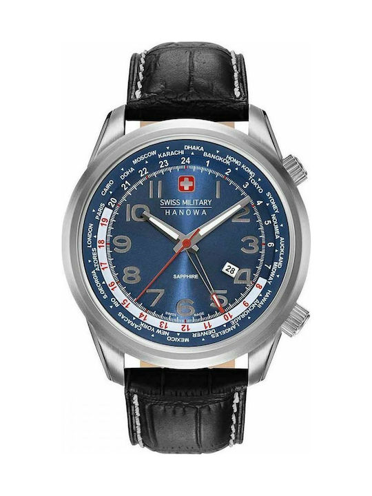 Swiss Military Hanowa Worldtimer Watch Battery with Black Leather Strap