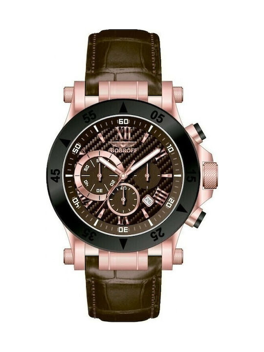 Bobroff Ανδρικό Ρολόι 44mm Μπαταρίας με Καφέ Δερμάτινο Λουράκι