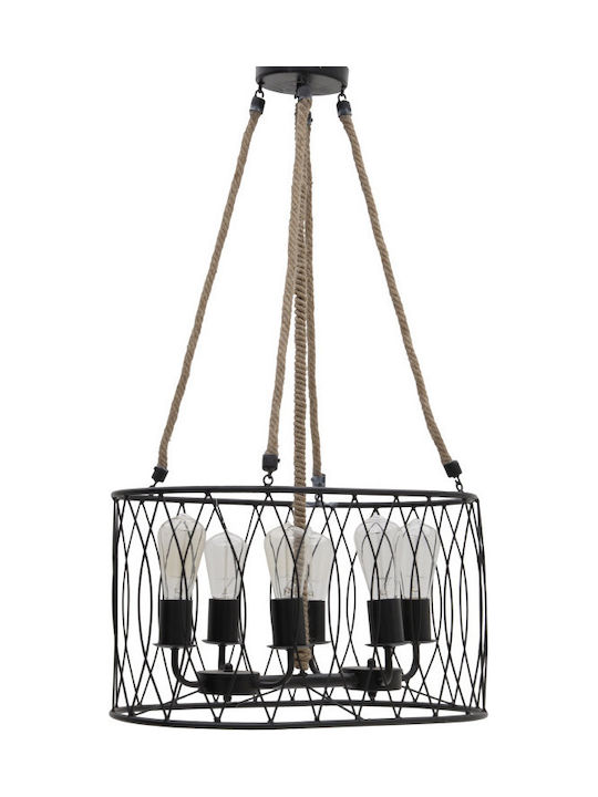 Inart Pendant Light Single-Light with Rope for Socket E27 Black